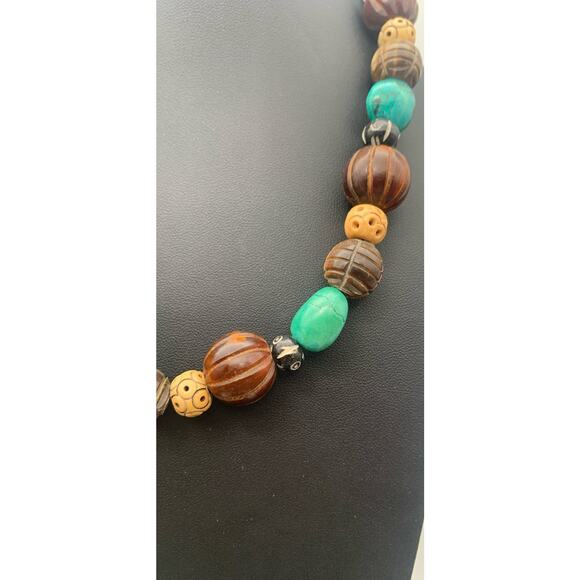 Vintage Western Boho Blue Turquoise Stone & Carved Wood Sterling Toggle Necklace - Picture 4 of 5